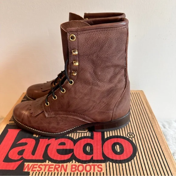 VTG Laredo Western Cowgirl Lace Up Boots Genuine Deer Women’s Size 7 With Box - Picture 3 of 9
